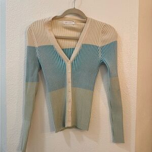 All in Favor Ribbed Colorblock Cardigan - Cream and Blue